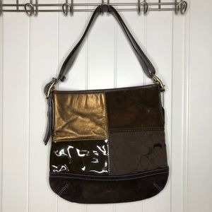 Coach brown patch purse with purple accent stitch